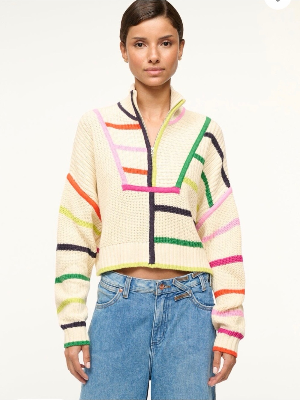 STAUD Cream Hampton Cropped Half  Zip Sweater with Multicolor Stripe Detail